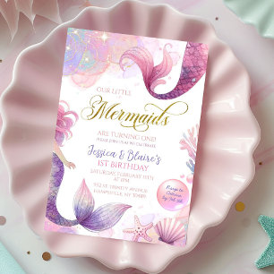 Roze Paarse Kleine Twee Zeemeerminnen Tweeling Ver Kaart