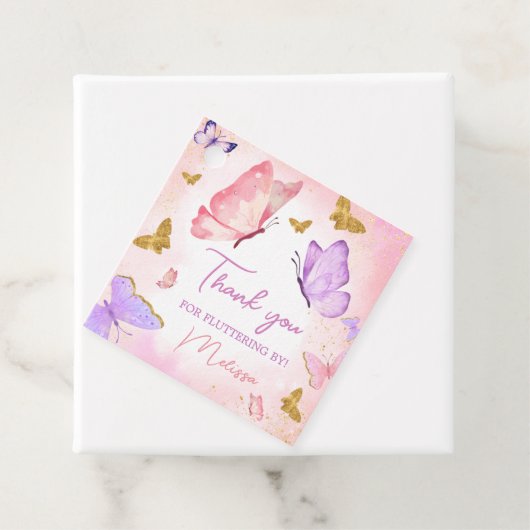 Roze Paarse kleine vlinder verjaardagsfeestje plei Bedankjes Labels (In situ)