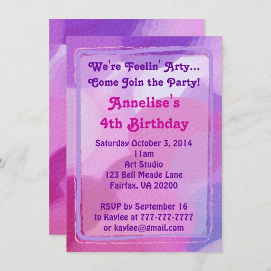 Roze Paarse kunstpartij Verf Stippen Uitnodiging (Voorkant / Achterkant)