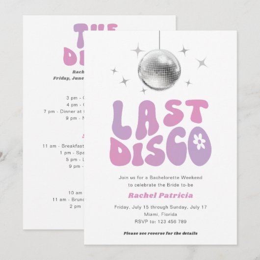 Roze paarse laatste disco, moderne retro vrijgezel kaart (Voorkant / Achterkant)