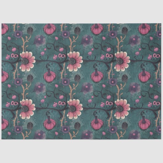 Roze & Paarse Leuke Halloween Pompoen & Bloemen Tissuepapier (Voorkant)