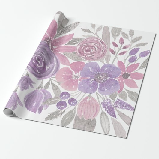 Roze Paarse lichte Sage Groene Florence Waterverf Cadeaupapier (Uitgerold)