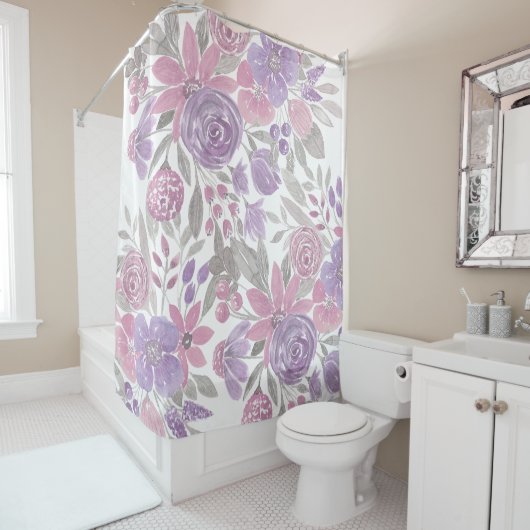 Roze Paarse lichte Sage Groene Florence Waterverf Douchegordijn (In situ)