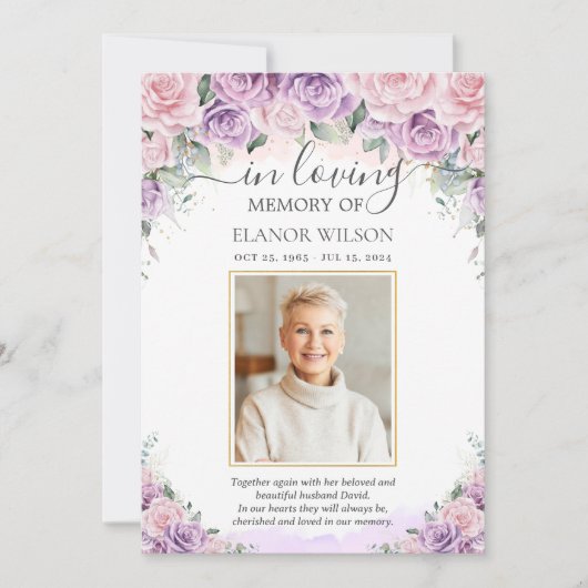 Roze Paarse Lila Bloemen Foto Begrafenismonument Bedankkaart (Voorkant)