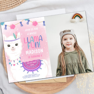 Roze Paarse Llama Birthday Invitatie met foto Kaart