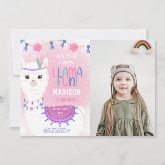 Roze & Paarse Llama Verjaardagsuitnodiging met Fot Kaart (Voorkant)