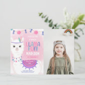 Roze & Paarse Llama Verjaardagsuitnodiging met Fot Kaart (Staand voorkant)