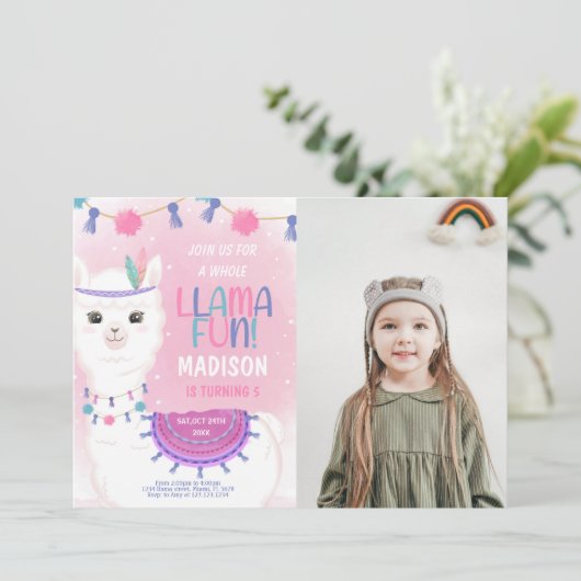 Roze & Paarse Llama Verjaardagsuitnodiging met Fot Kaart (Staand voorkant)