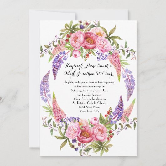 Roze Paarse Lupines Pioenen Waterverf Bruiloften Kaart (Voorkant)
