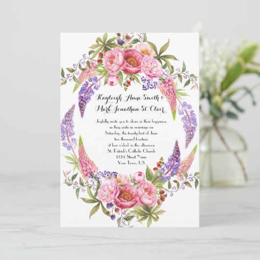 Roze Paarse Lupines Pioenen Waterverf Bruiloften Kaart (Staand voorkant)