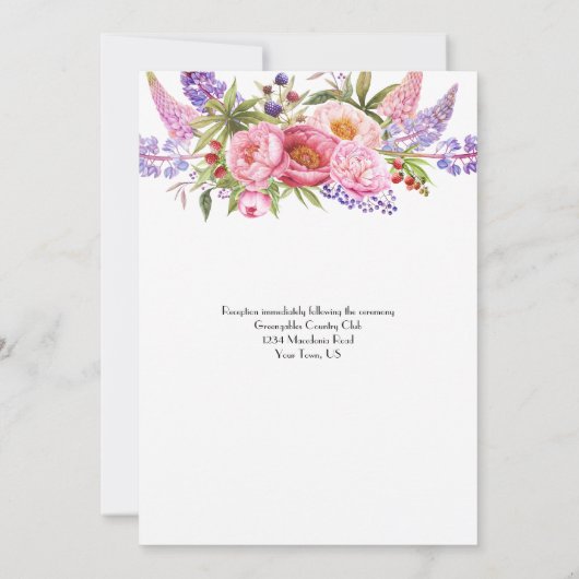 Roze Paarse Lupines Pioenen Waterverf Bruiloften Kaart (Achterkant)