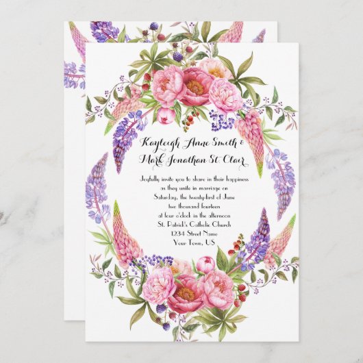 Roze Paarse Lupines Pioenen Waterverf Bruiloften Kaart (Voorkant / Achterkant)