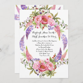 Roze Paarse Lupines Pioenen Waterverf Bruiloften Kaart