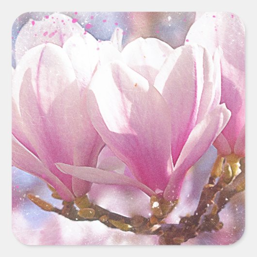 Roze Paarse Magnolia - Lentbloem Vierkante Sticker (Voorkant)