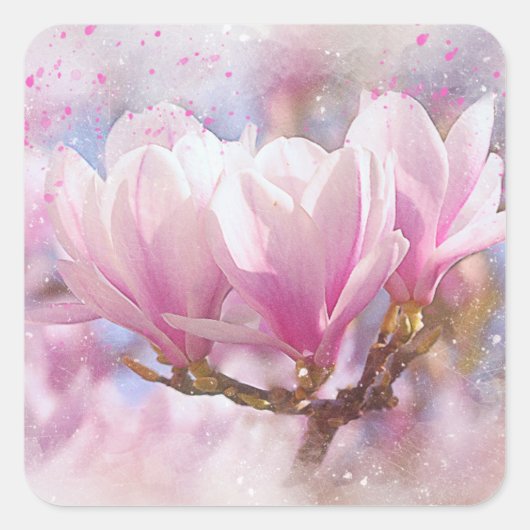 Roze Paarse Magnolia - Lentbloem Vierkante Sticker (Voorkant)