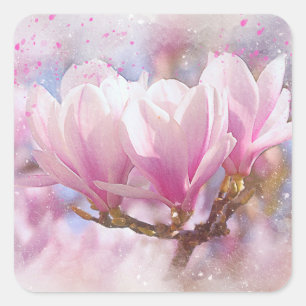 Roze Paarse Magnolia - Lentbloem Vierkante Sticker