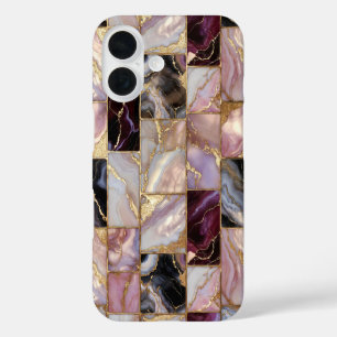 Roze Paarse Marmeren Tegel Hoesje Goud Mozaïek iPh