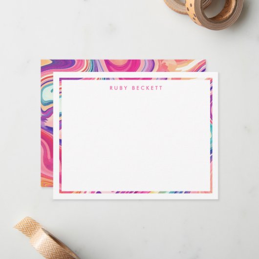 Roze Paarse Marmering Abstract Kleurrijk II Notitiekaartje (Voorkant / Achterkant in situ)