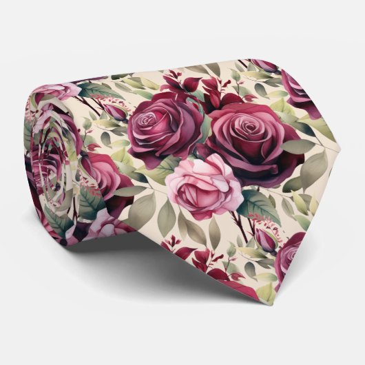 Roze Paarse Mauve Rode Rozen Aquarel Heren Zijden  Stropdas (Opgerold)