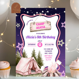Roze Paarse Meisje Camping Verjaardag Kaart