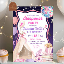 Roze Paarse Meisje Slaapfeest Verjaardag