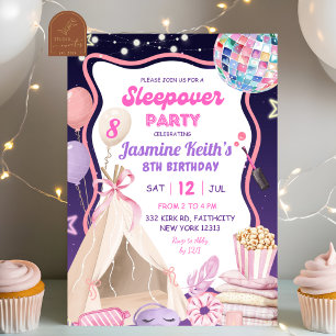 Roze Paarse Meisje Slaapfeest Verjaardag Kaart