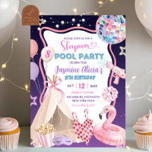 Roze Paarse Meisje Slaapfeest Zwembad Feest Verjaa