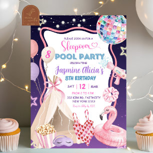 Roze Paarse Meisje Sleepover Pool Party Verjaardag Kaart