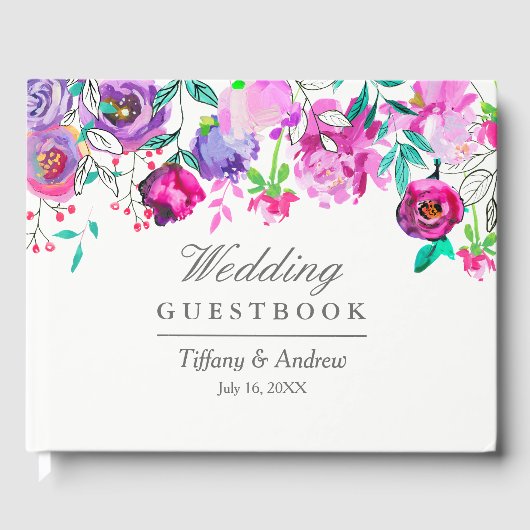 Roze Paarse Mint Floral Wedding Guest Book Gastenboek (Voorkant)