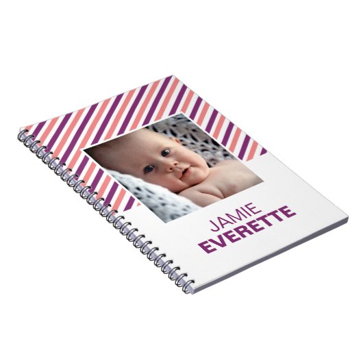 Roze paarse moderne strepen aangepast fotojournaal notitieboek (Rechterzijde)