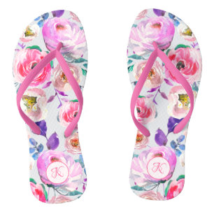 Roze Paarse monogram Floral gekleurd Teenslippers