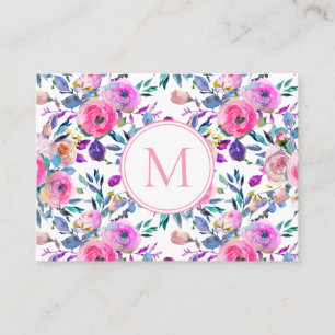 Roze Paarse Monogram Waterverf Bloemen Visitekaartje