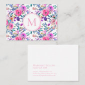 Roze Paarse Monogram Waterverf Bloemen Visitekaartje (Voorkant / Achterkant)