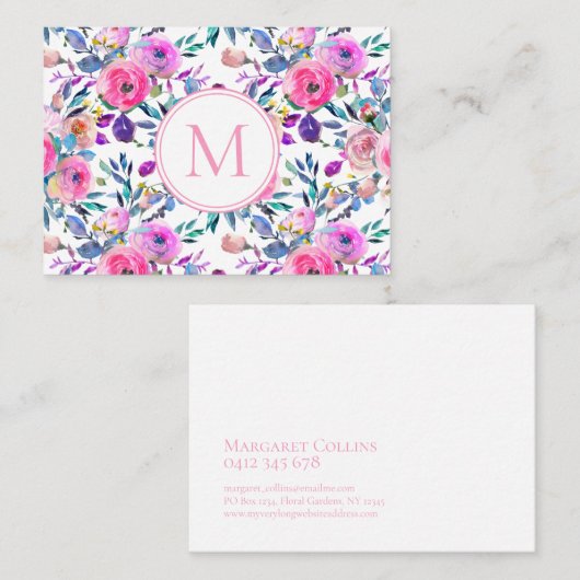 Roze Paarse Monogram Waterverf Bloemen Visitekaartje (Voorkant / Achterkant)