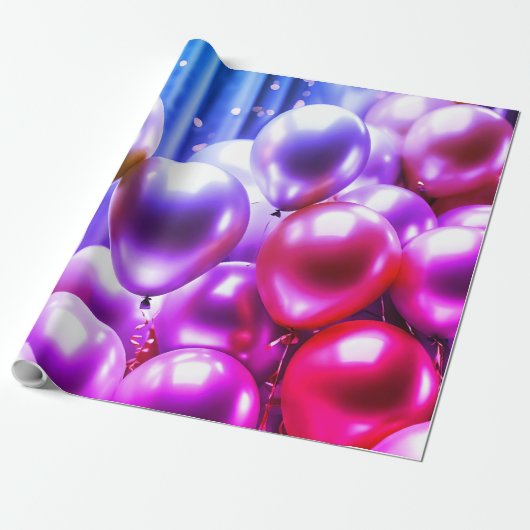 Roze & Paarse Mousserende Ballon, Verjaardagsfeest Cadeaupapier (Uitgerold)