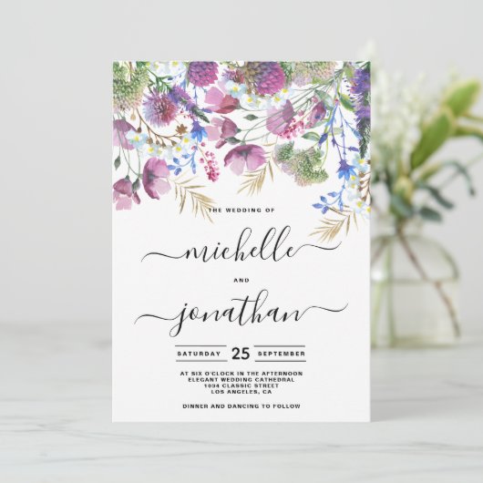 Roze paarse munt gouden wilde bloem bruiloft kaart (Staand voorkant)