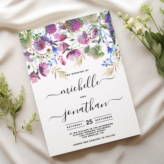 Roze paarse munt gouden wilde bloem bruiloft kaart