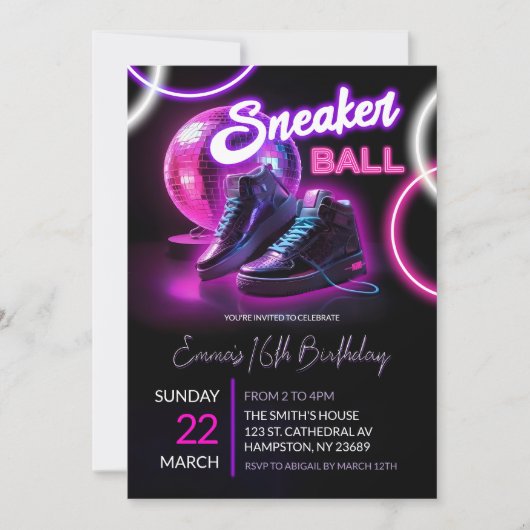 Roze Paarse Neon Discoball Sneakerball Verjaardag Kaart (Voorkant)