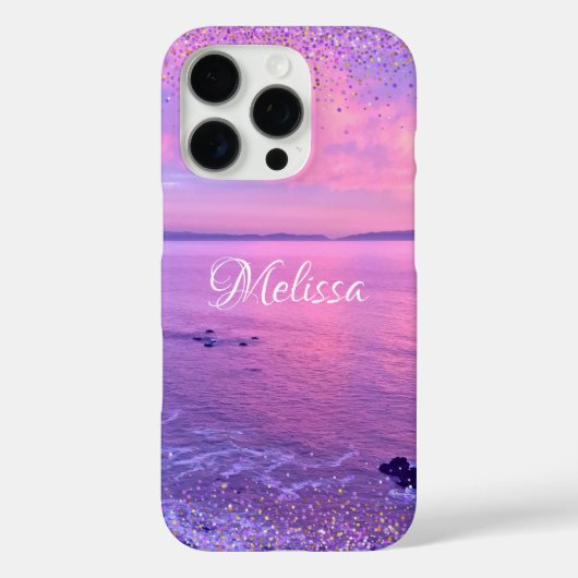 Roze Paarse Ocean Sunset Girly Glam Confetti Naam Case-Mate iPhone Case (Achterkant)