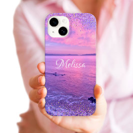 Roze Paarse Ocean Sunset Girly Glam Confetti Naam iPhone 15 Case