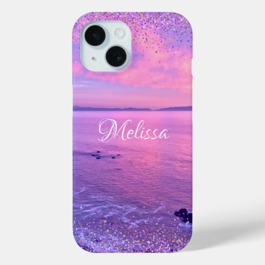 Roze Paarse Ocean Sunset Girly Glam Confetti Naam Case-Mate iPhone Case (Achterkant)