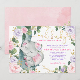 Roze Paarse Olifant Bloemen Meisje Baby shower Kaart