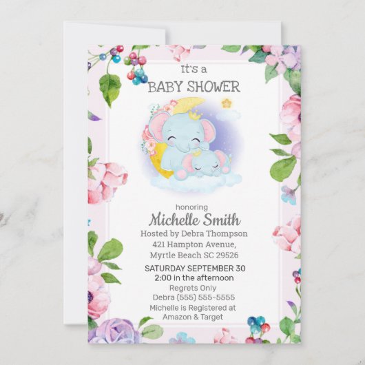 Roze Paarse Olifant Bloemige Moeder Baby Shower   Kaart (Voorkant)