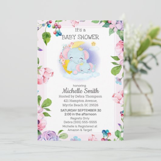 Roze Paarse Olifant Bloemige Moeder Baby Shower   Kaart (Staand voorkant)