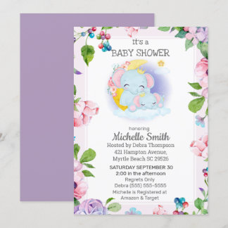Roze Paarse Olifant Bloemige Moeder Baby Shower Kaart