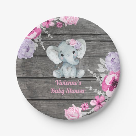 Roze Paarse Olifant Bord 4 Baby shower, Verjaardag (Voorkant)