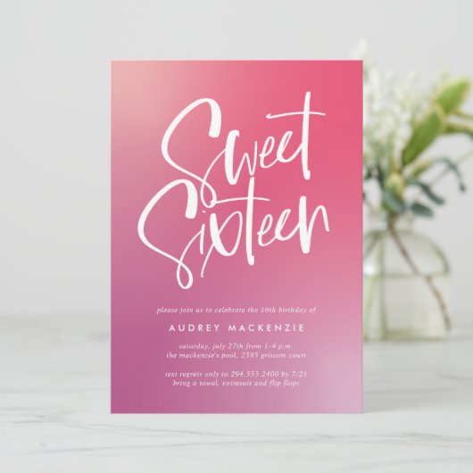 Roze Paarse Ombre Kalligrafie Sweet Sixteen Kaart (Staand voorkant)