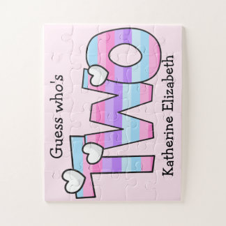 Roze Paarse Ombre Strepen Harten 2e Verjaardag Legpuzzel