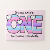 Roze Paarse Ombre Strepen Harten Eerste Verjaardag Legpuzzel (Horizontaal)