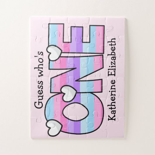 Roze Paarse Ombre Strepen Harten Eerste Verjaardag Legpuzzel (Verticaal)